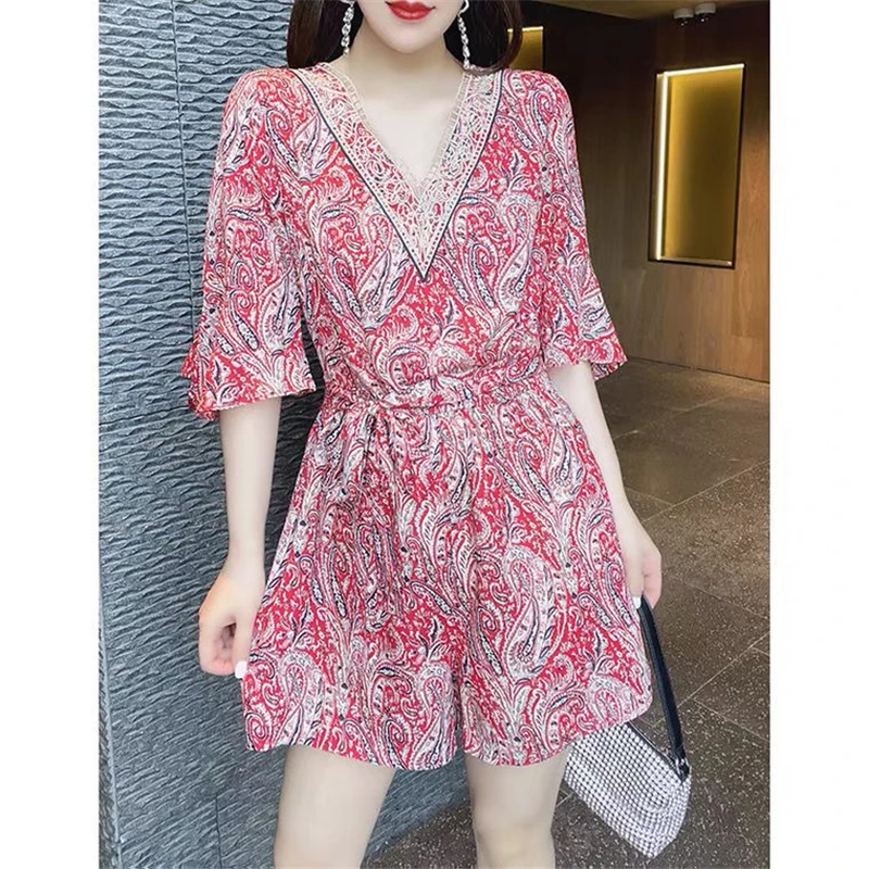 Women Hollow Lace Paisley Print Lace Up Vintage Elegant Jumpsuit Shorts Summer Fashion V Neck Short Sleeve Rompers Ropa De Mujer dinner jacket midnight plum paisley mens vintage slim fit suits pant notch lapel groomsmen wedding tuxedos jacket pant