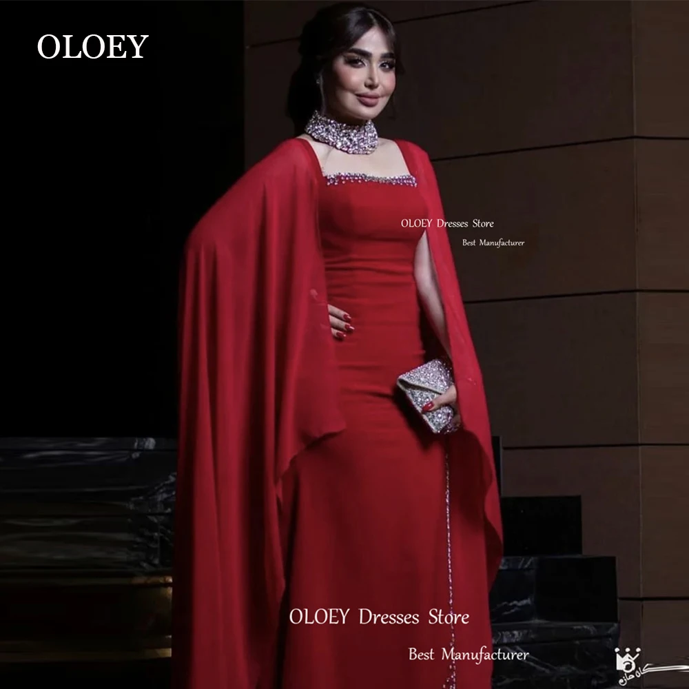 

OLOEY Shiny Beads Crystal Red Chiffon Dubai Arabic Evening Dresses Women Long Cape Sleeves Prom Dress Celebrity Party Gowns