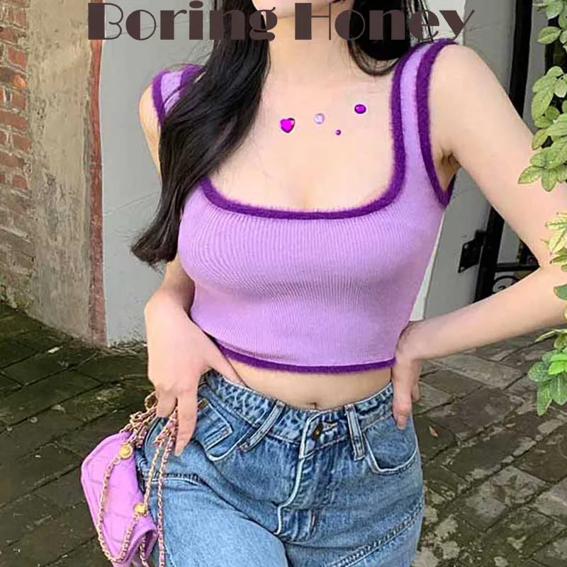 

Boring Honey Crop Tops Women Summer Contrast Color Raw Edge Of Women Clothes Sleeveless Short Base Shirt Be All-Match Tops Women