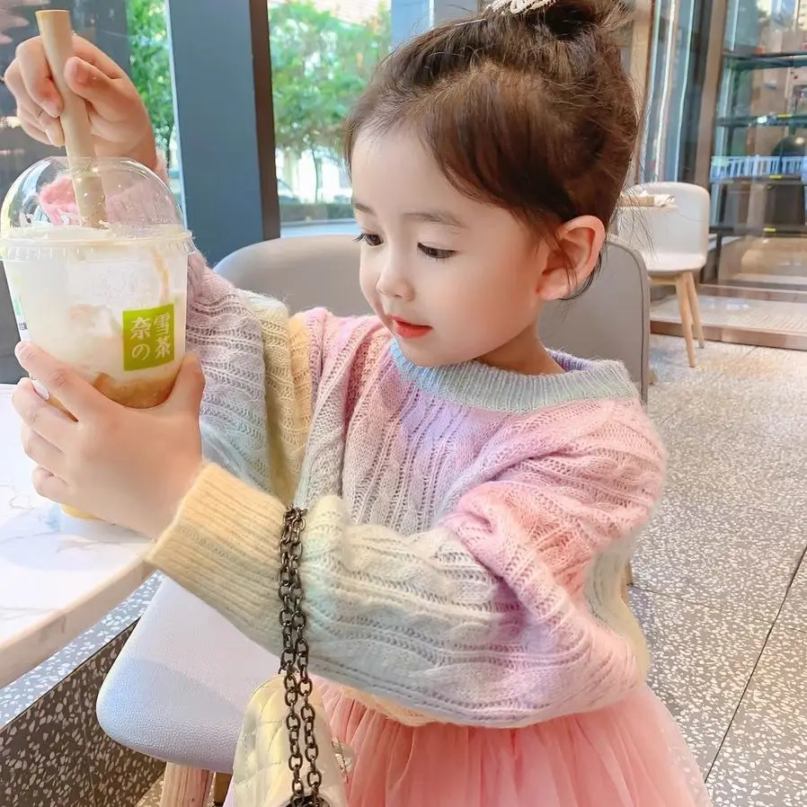 New Girls' Autumn Clothes Rainbow Knitted Cardigan Children's Foreign Style Sweater Pullover Baby Knitted Sweater