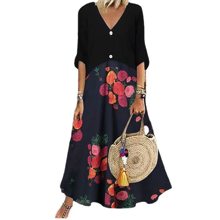 

Women New Loose Dots Vintage Hole Ruffles Befree Dress 5XL Short Sleeve Patchwork Summer Button Party Elegant Maxi Dresses