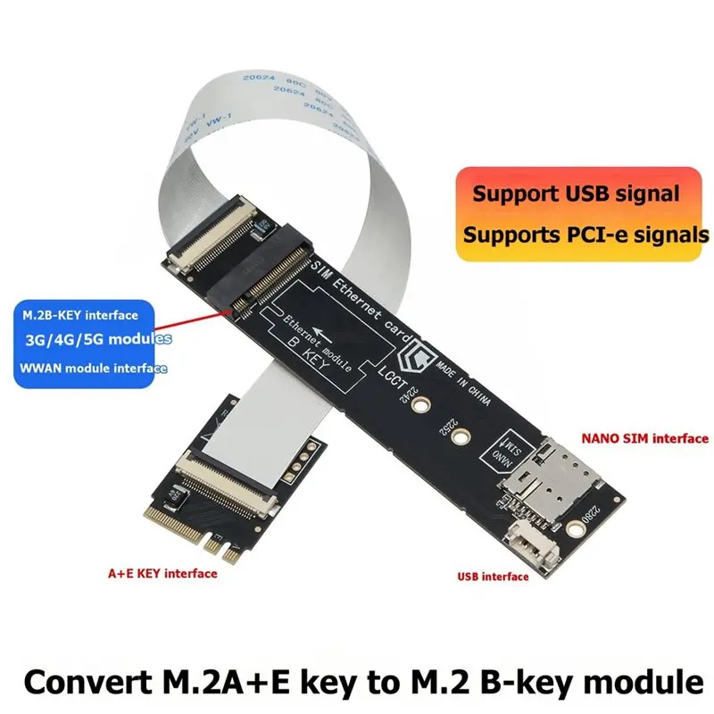 M.2 A+ E 키 - M.2 키-B 어댑터 - 나노 SIM 슬롯이 있는 WWAN 카드, 3G/4G/5G 모듈 및 USB/PCI-E 신호 지원