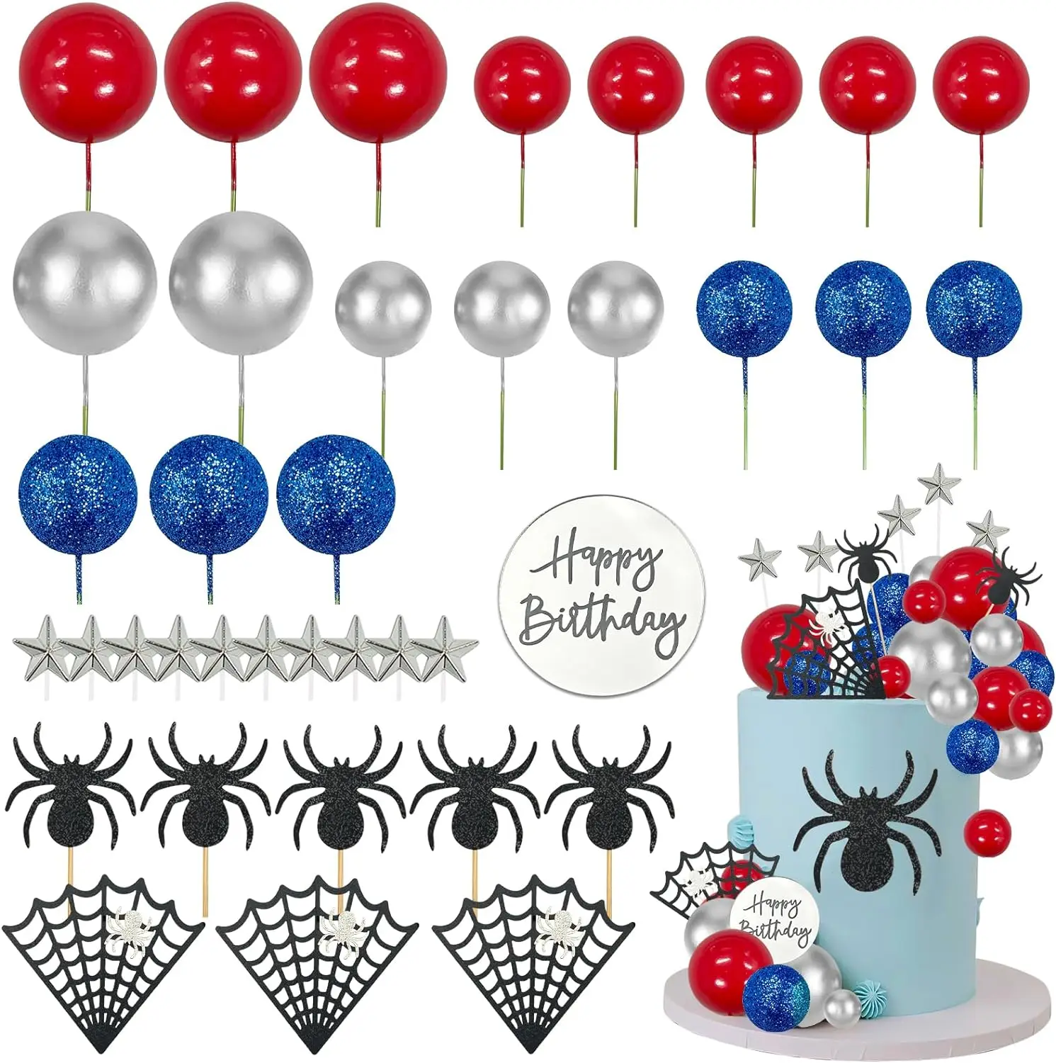 Spider-Themed Cake Topper Set with Web Balls and Stars for Birthday Party or Baby Shower Supplies