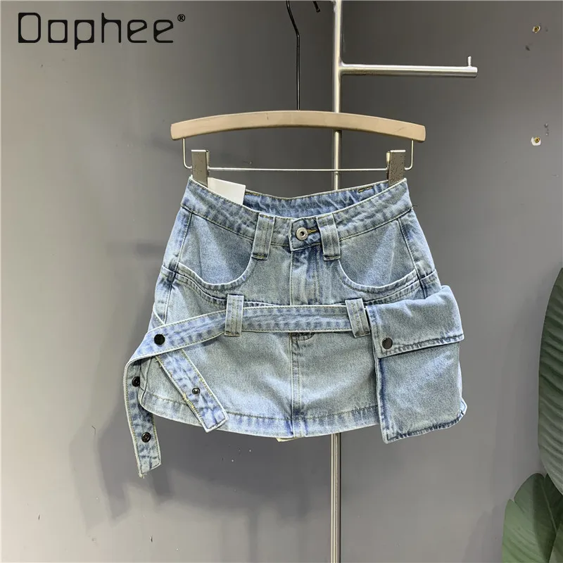 

Streetwear Women Binding Bag Pocket Denim Short Skirt 2024 Spring and Summer New Casual Washed Light Blue Mini Jean Skirt Woman