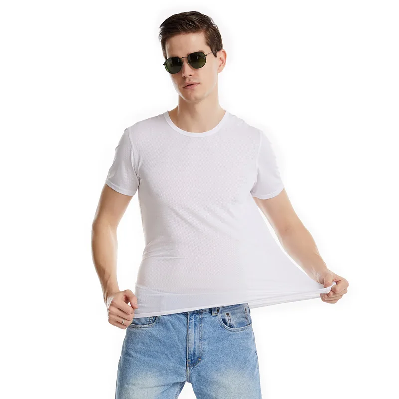 New Summer Ice Silk Short Sleeve Mens T Shirt Mesh Breathable Quick Drying Thin Casual Undershirt Large Size Hollow O-Neck Top