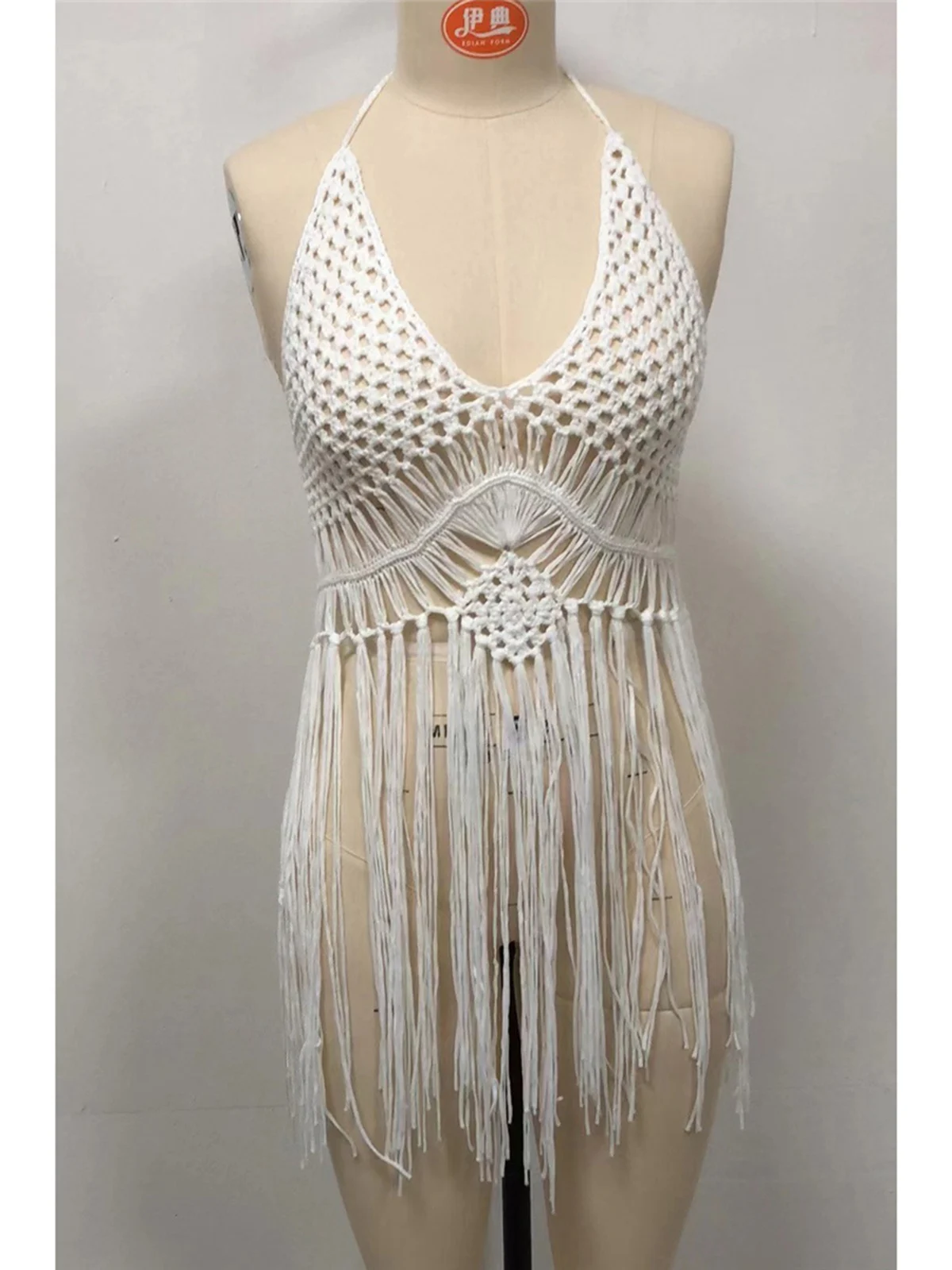 Sexy Long Fringe Tassel Crochet Knitted Tunic Top Beach Dress Beach Wear Beachwear Beach Cover Up Cover-upsFemale Women V5573 6