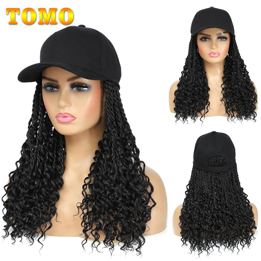 

TOMO Curly Senegal Braided Baseball Cap Wig With Synthetic Boho Twist Braid Hair Extensions Attached For Black Women Ombre Brown