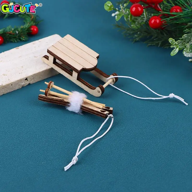 1/12 Dollhouse Miniature Sleigh Sled Ski Poles Pendant Christmas Scene Decoration Dolls House Xmas Accessories Kids Toys Gift 5