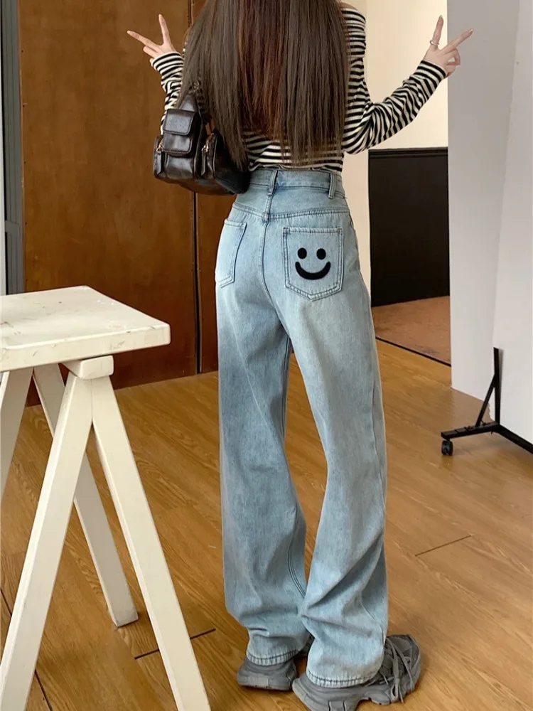 

Шикарные свободные прямые длинные женские джинсы с вышивкой, Осенние Классические облегающие Модные Простые повседневные женские джинсы с высокой талией