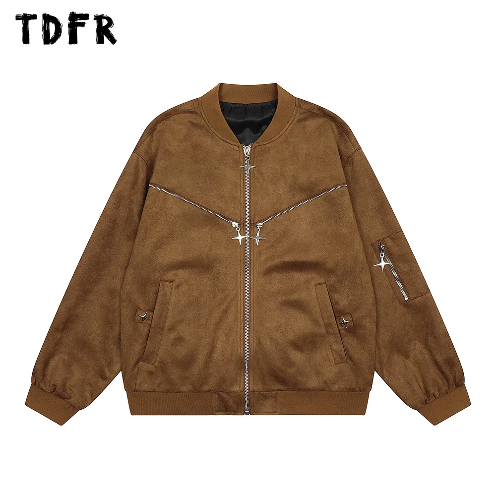 

Zipper Decoration Suede Jacket Mens Autumn Retro Pocket Casual Loose Stand Collar Long Sleeve Outerwear Men