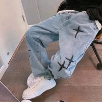 Men High Street Loose Straight Jeans Male Cross Star Appliqué Embroidery Comfortable Denim Pants Versatile Minimalist Trousers