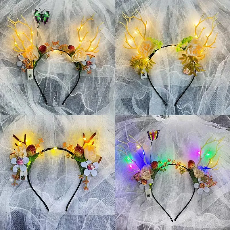 

Christmas Luminous Deer Horn Headwear Women Photography Accessories Feather Butterfly Elk Head Band Party Gift