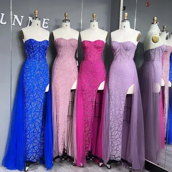 YQLNNE 070 Glitter Pink High Slit Prom Dresses Long Strapless Tulle Mermaid Evening Gown With Removeable Train
