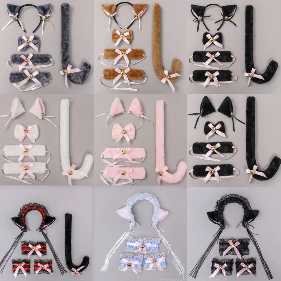 Women Lolita Girl Cat Fox Ear Headband Bow Neckwear Bell Tail Maid Housemaid Party Anime Cosplay Costume Halloween Christmas