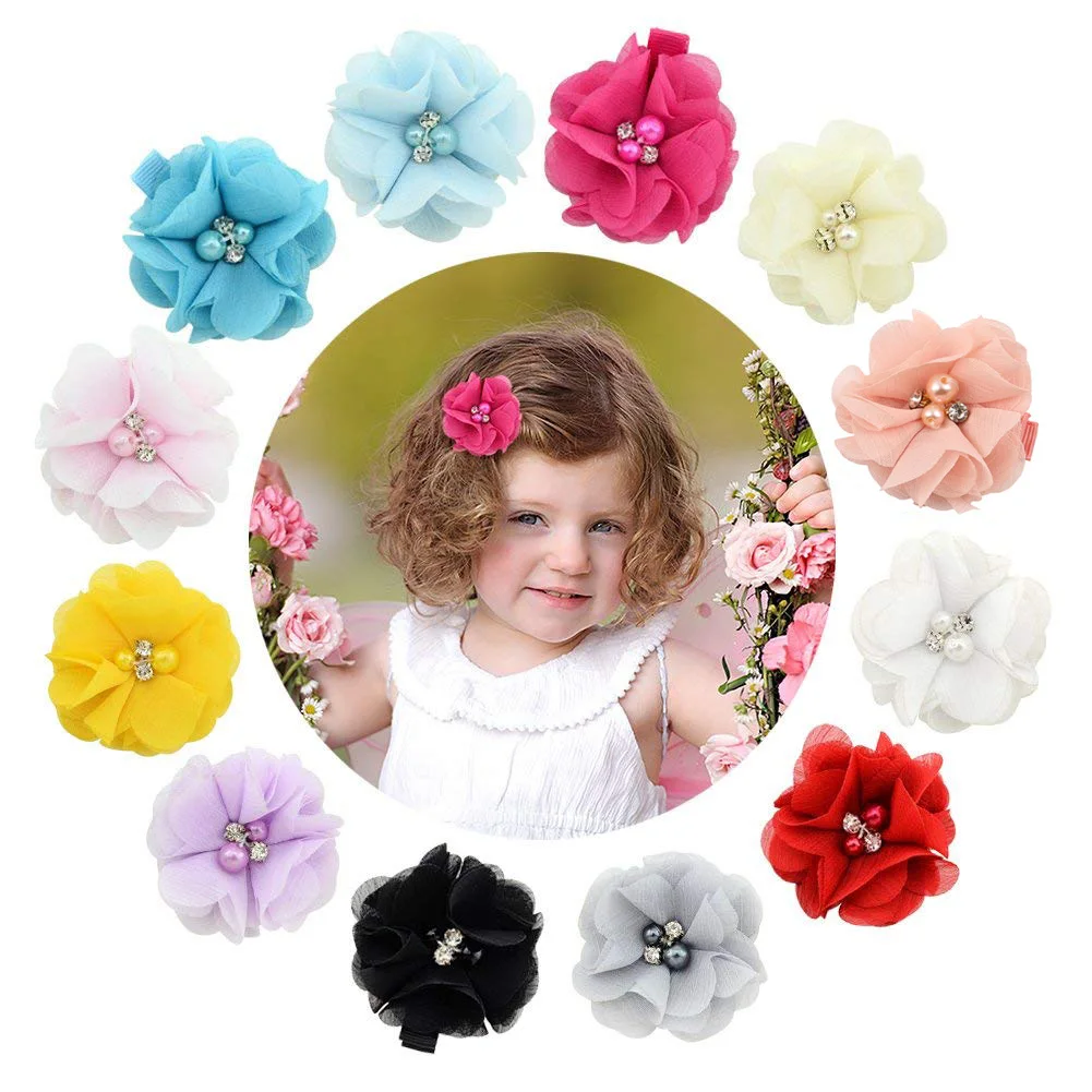 

36pcs/lot Chiffon Flower Hair Bow Clips with Rhinestones Pearl Children Girl Hairpins Handmade Barrettes Hairgrips Headwear