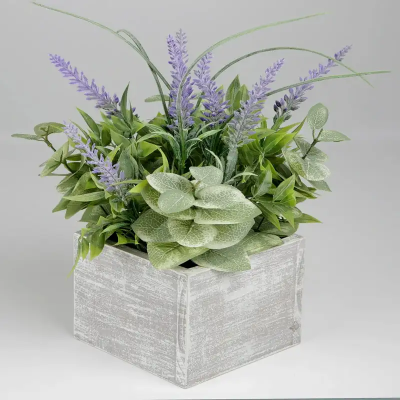

Artificial Lavender Plant in White Rustic Wood Box Palm leaves Crochet bouquet Foam flowers Bouquet wrapping paper Dorm decor Ar