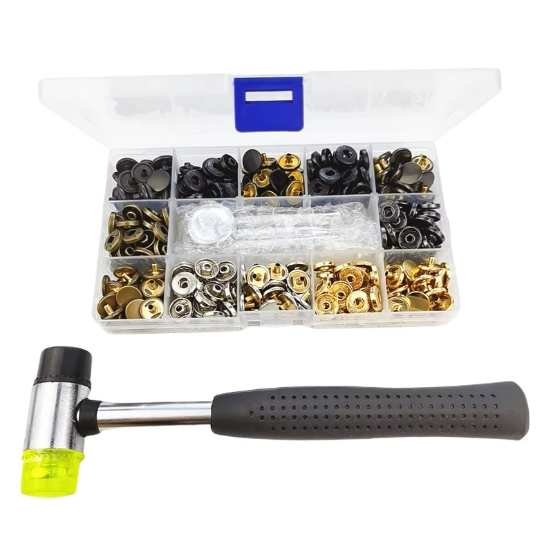 

HOT SALE Leather Snap Fasteners Kit Press Stud Metal Button Snaps With Hammer Installation Tools For DIY Leather Craft Project
