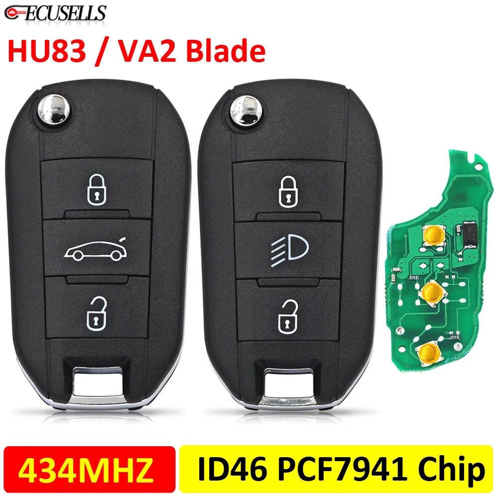 Llave Con Mando A Distancia Para Peugeot/Citroën - Carcasa Con Chip 4A 434MHz, Hoja HU83 Sin Cortar
