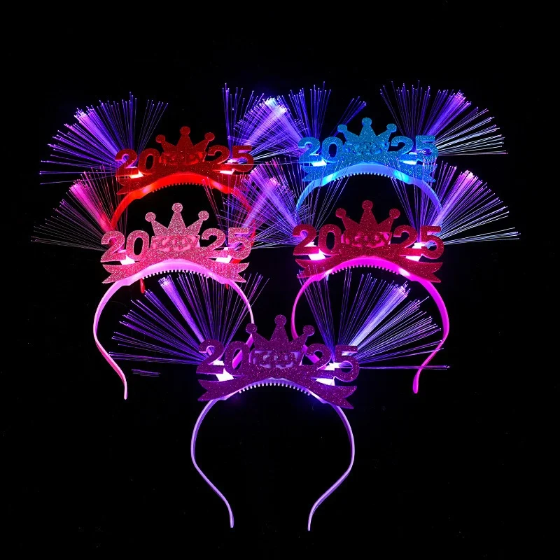 1pc Glowing LED Light up 2025 Happy New Year Headband Creative Hair Band Hoops Colorful Headpiece for Party Wedding Christmas