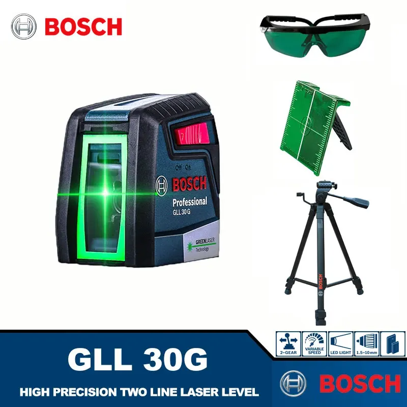 

Bosch GLL30G Laser Level Green Beam 2-line Self-leveling 4 Professional Marking Instrument Measuring Tool for Line Installation