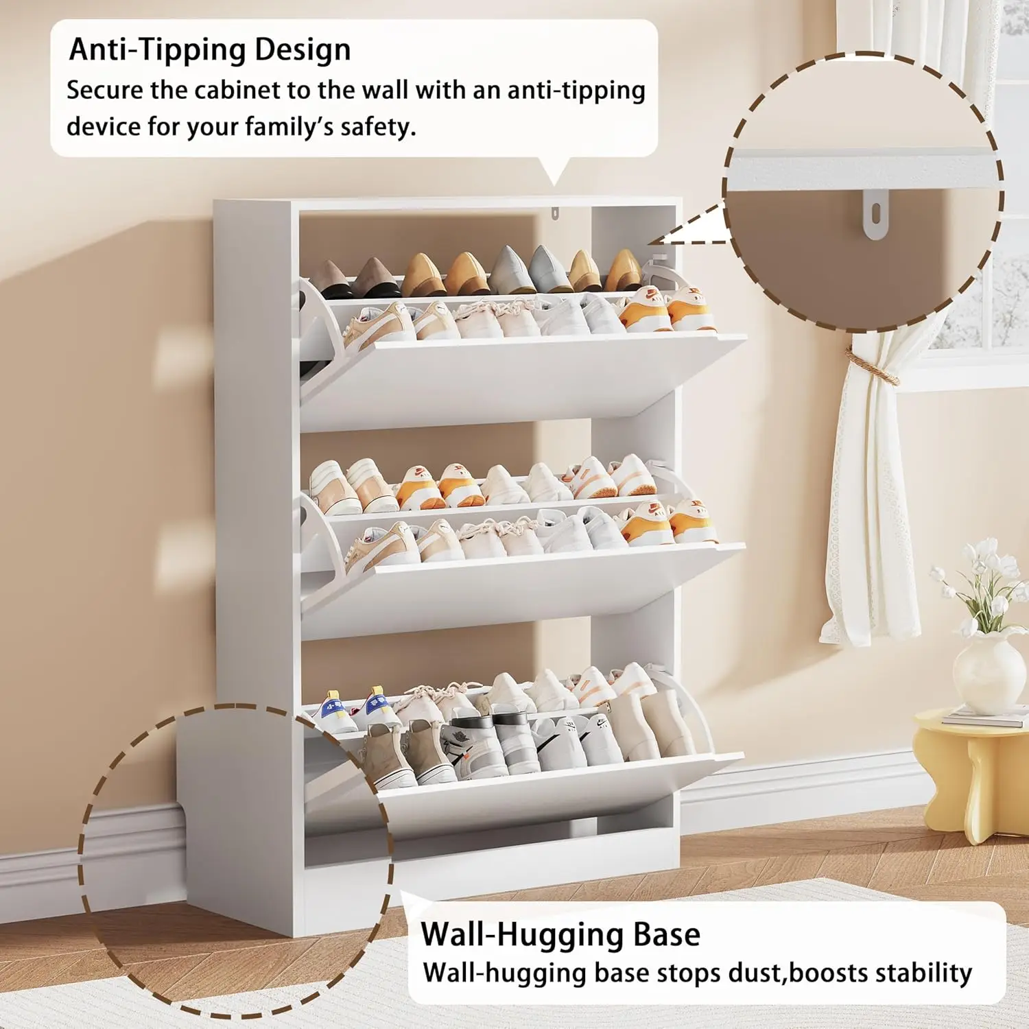 Shoe Storage Cabinet, Wood Shoe Organizer for Entryway with 3 Flip Drawers, Freestanding Shoe Rack with Adjustable Shelf, Narrow