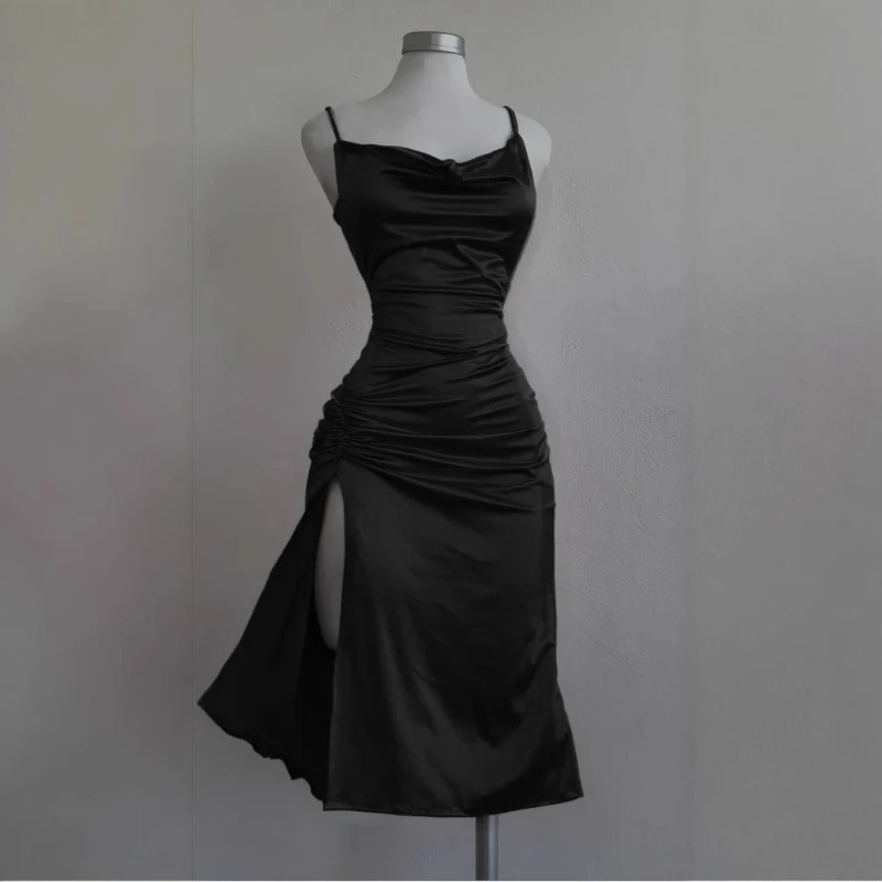 Spring and Summer New Women's Suspender Dress Fashionable Y2k Backless Solid Color Puckered Split Sexy Sleeveless Slim Hip Dress