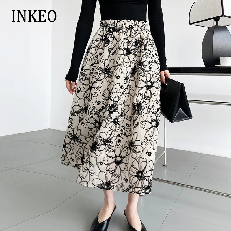 

Luxury Vintage Women floral embroidery mesh skirt 2022 Newest Elastic waist A-line Midi skirt Female clothing Party INKEO 2B009