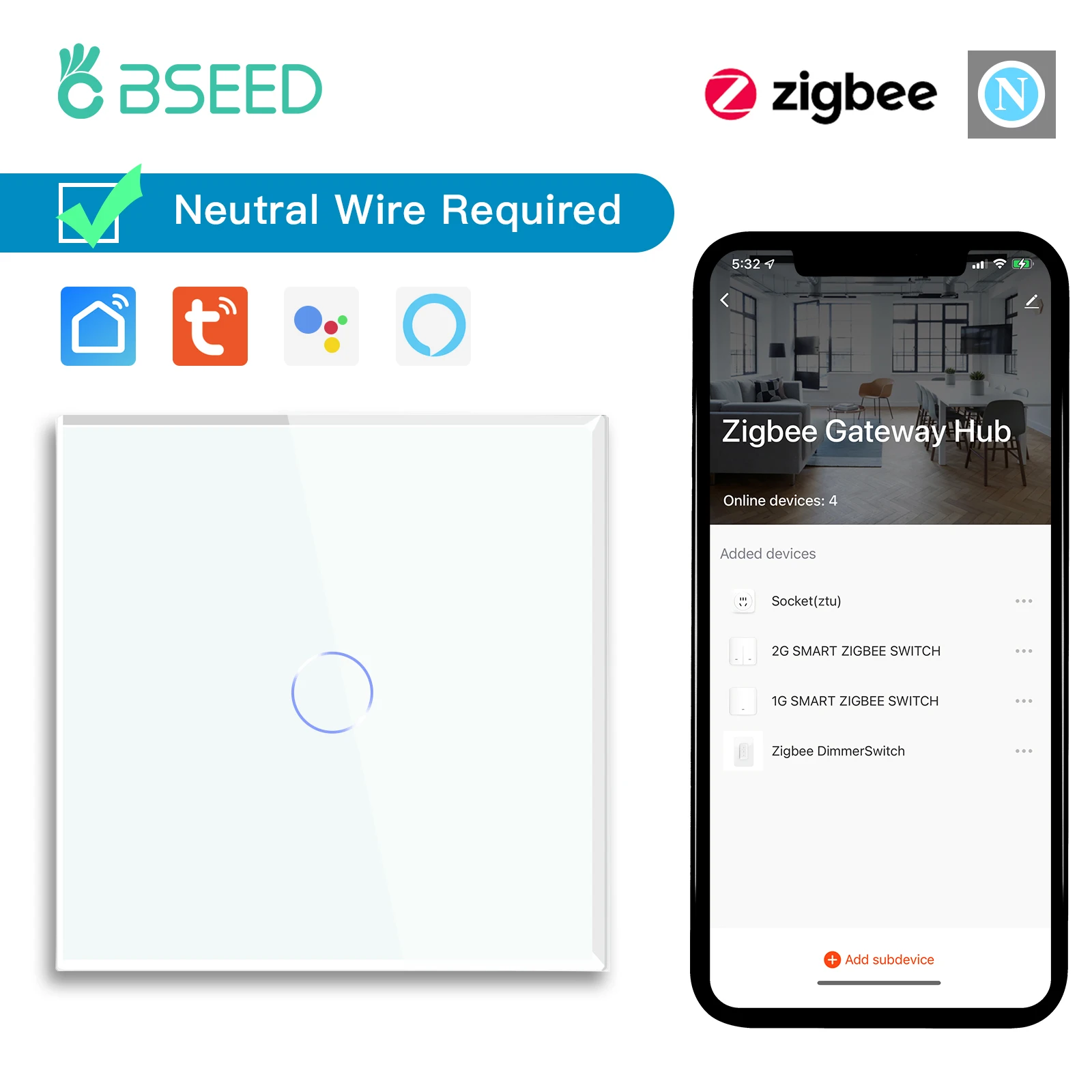 BSEED Zigbee Touch Switches 1/2/3Gang 1/2/3Way Smart Light Switch Wall Switches Tuya Control Smart Life APP Google Alexa Neutral