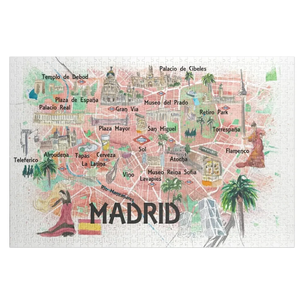 Madrid Spain Illustrated Travel Map with Roads Landmarks and Tourist Highlights Jigsaw Puzzle Custom Puzzle