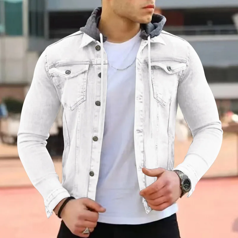 

Fashion Winter Denim Jacket Men Autumn Men's Casual Hooded Jacket New Stitching Slim Cardigan Y2k Solid Color Top Coat Outerwear