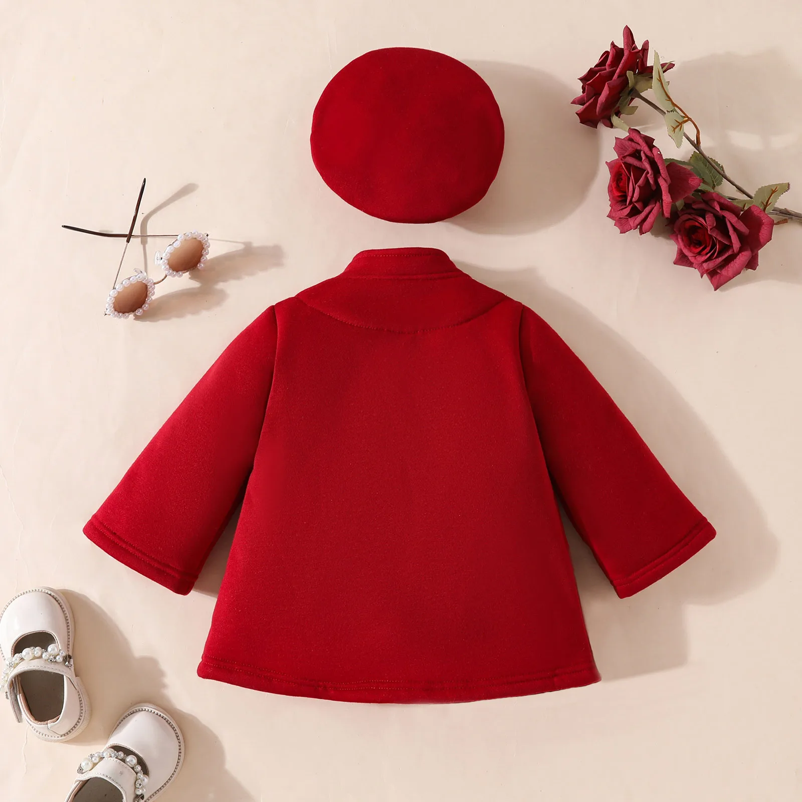 Two-piece baby baby girl solid color Chinese bow one button coat + Beret