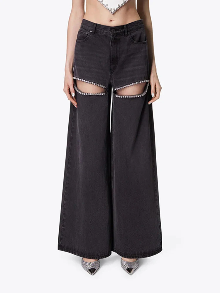 

Hollow Out Diamonds Jeans For Women Summer 2024 New Fashion Niche Design High Waist Loose Denim Wide Leg Pants Female Tide XX415