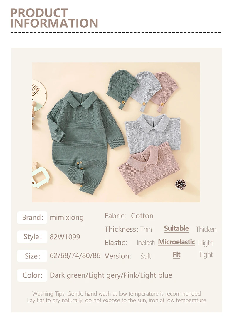 Baumwolle Baby Strampler Gestrickte Neugeborenen Jungen Mädchen Overall Outfits Langarm Herbst Infant Kind Kleidung Hut 0-18M 2 stücke Fashion Solid – Detail 3