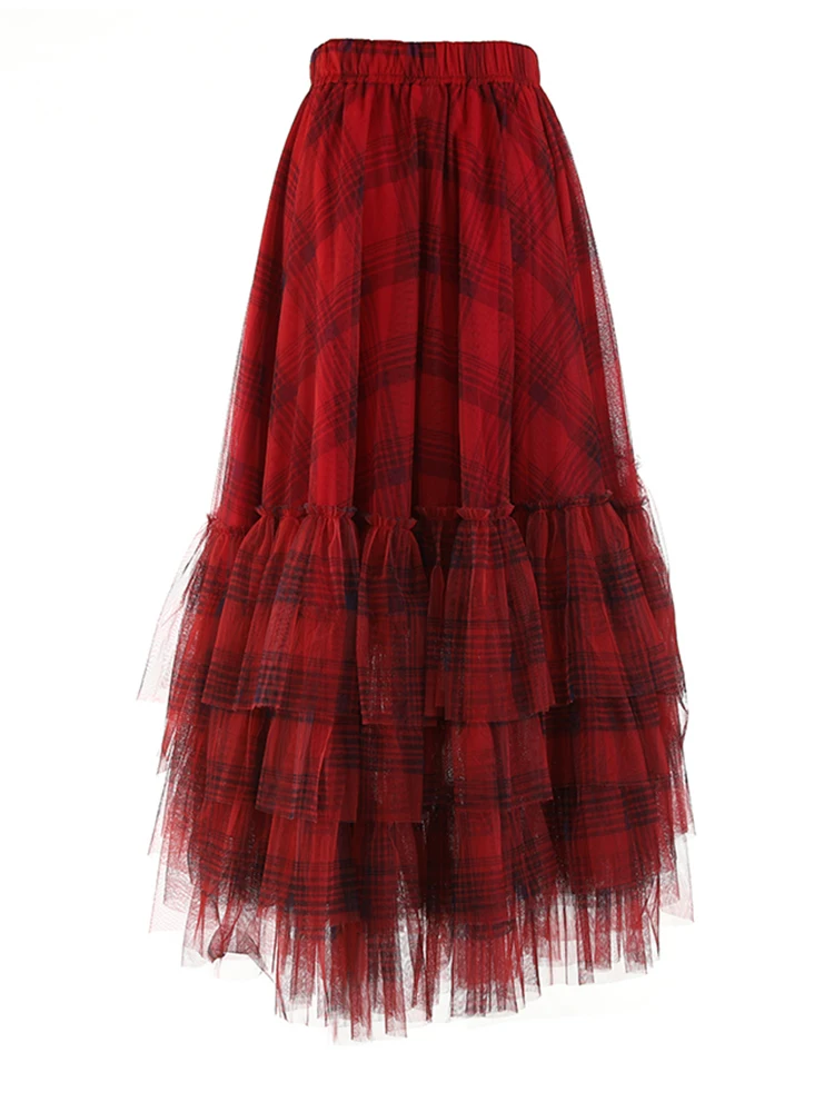 [EAM] High Elastic Waist Red Plaid Mesh Irregular Long Casual Half-body Skirt Women Fashion Tide New Spring Autumn 2026 1DF1247