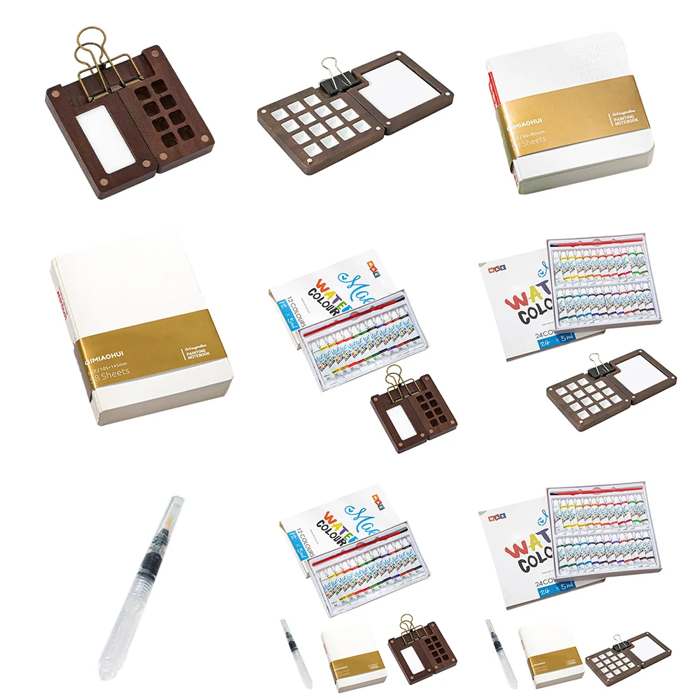 Multi Colors Wooden Grid Paint Box Pocket Artist Travel Paint Palette Mini Watercolor Set for Painters Artists Students