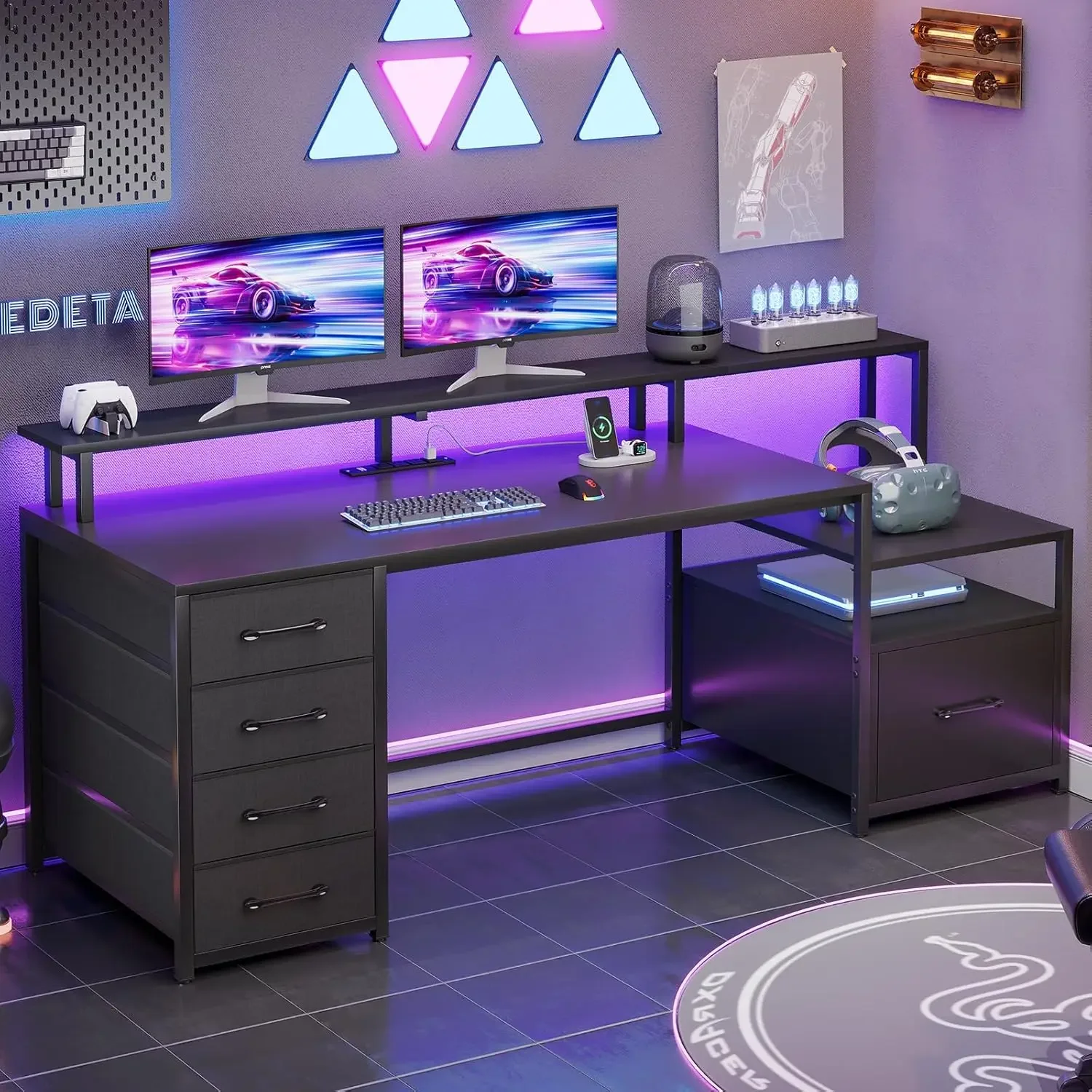 Computer Desk with 5 Drawer Power Outlet & Led Lights 66'' Home Office Desk with File Drawer Storage Monitor Shelf Gaming Desk 4