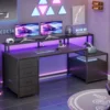 Computer Desk with 5 Drawer Power Outlet & Led Lights 66'' Home Office Desk with File Drawer Storage Monitor Shelf Gaming Desk 4