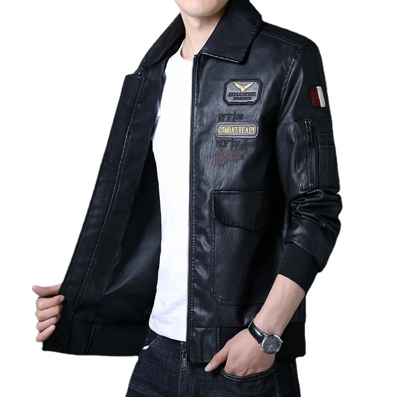 Fashion Autumn and Winter New Embroidered  Leather Coat Edition Flip Collar Air Force PU Motorcycle Leather Jacket Men