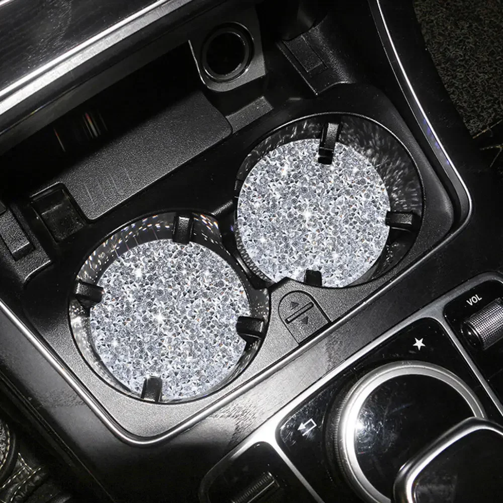 Full Drill Rhinestone Car Coaster Water Cup Slot Non-Slip Mat Silica Gel Pad Cup Holder Mat Bling Waterproof Car Accessories