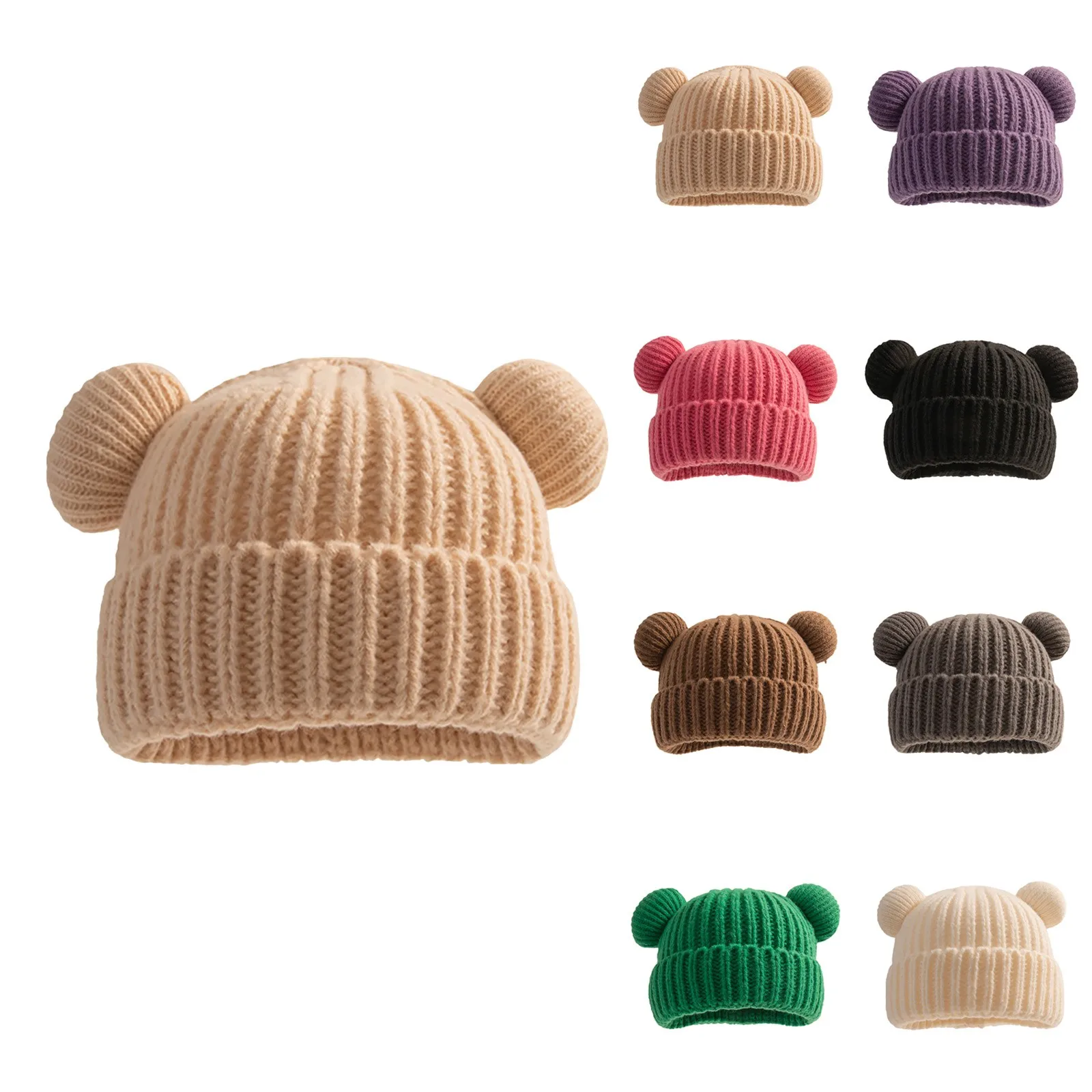 Autumn Winter Bear Ear Ribbed Knitting Hats For Baby Boys Girls Solid Color Cartoon Caps Children Keep Warm Elastics Turban Hats