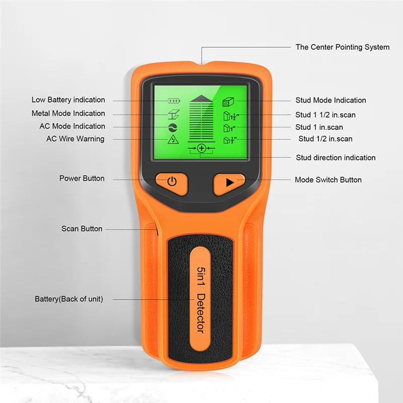 5 In 1 Wall Scanner Stud Detector Digital Handheld Wall Detector PVC Water Pipe Metal Finder Scanner Orange Easy To Use