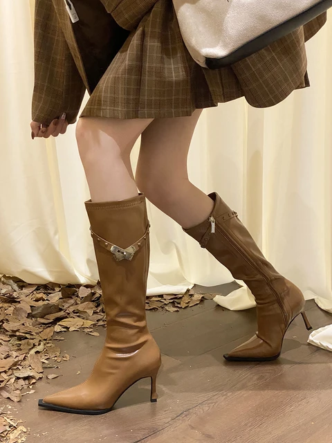 Brown Zippered Knee High Boots