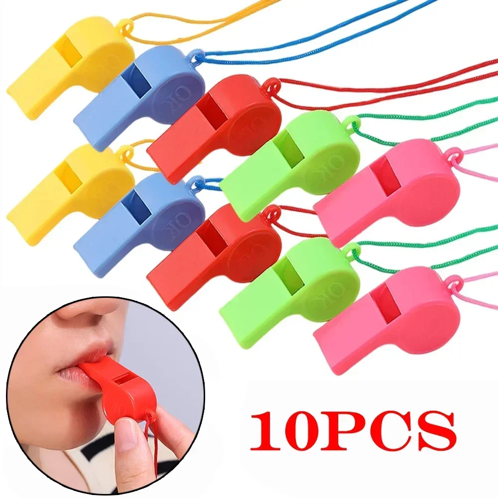 10pcs Mini Plastic Whistle with Rope Children Toys Kids Football Soccer Rugby Cheerleading Whistle Birthday Party Supplies