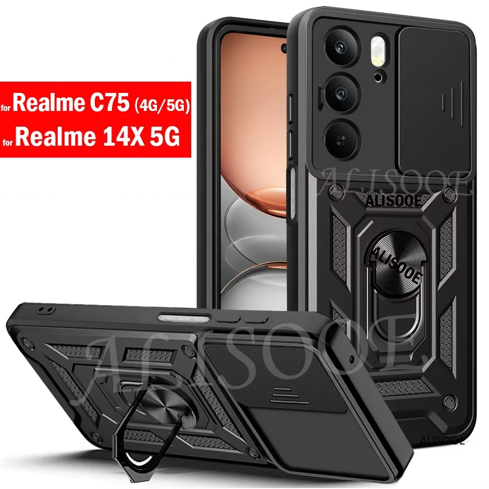 Enhanced Shockproof Armor Case with Slide Camera Cover and Ring Stand