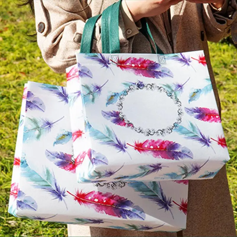 Reusable Bag Shopping Bag Shopping Pouch Non-woven Fabric Storage Folding Bag Feather Printing Waterproof Traval Bag Grocery Bag 6