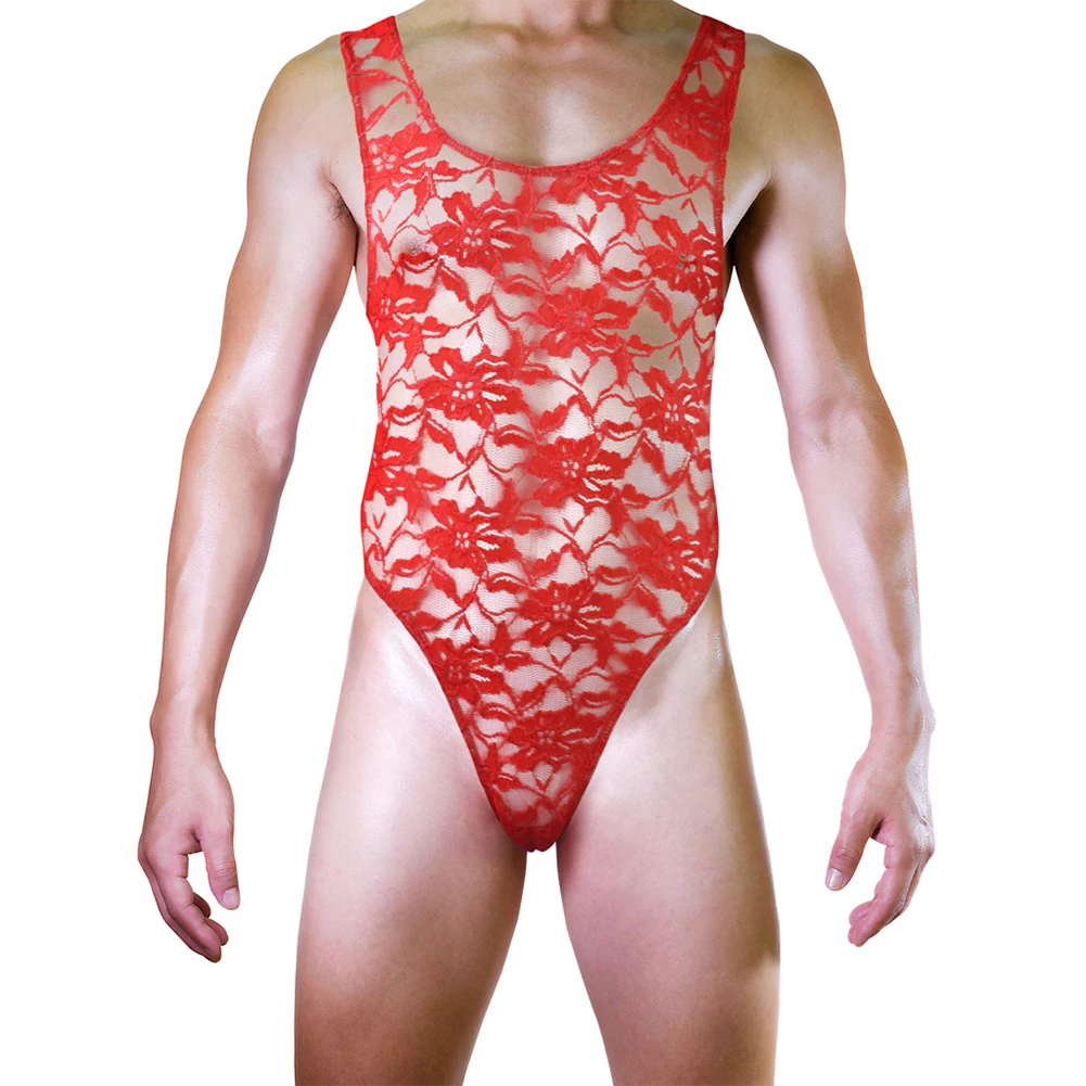 Men Sexy Lingerie Bodysuit Sleeveless Thong Leotard Lace Undershirt Underwear Swimwear Bikini High Slit Bodycon Gay Erotic