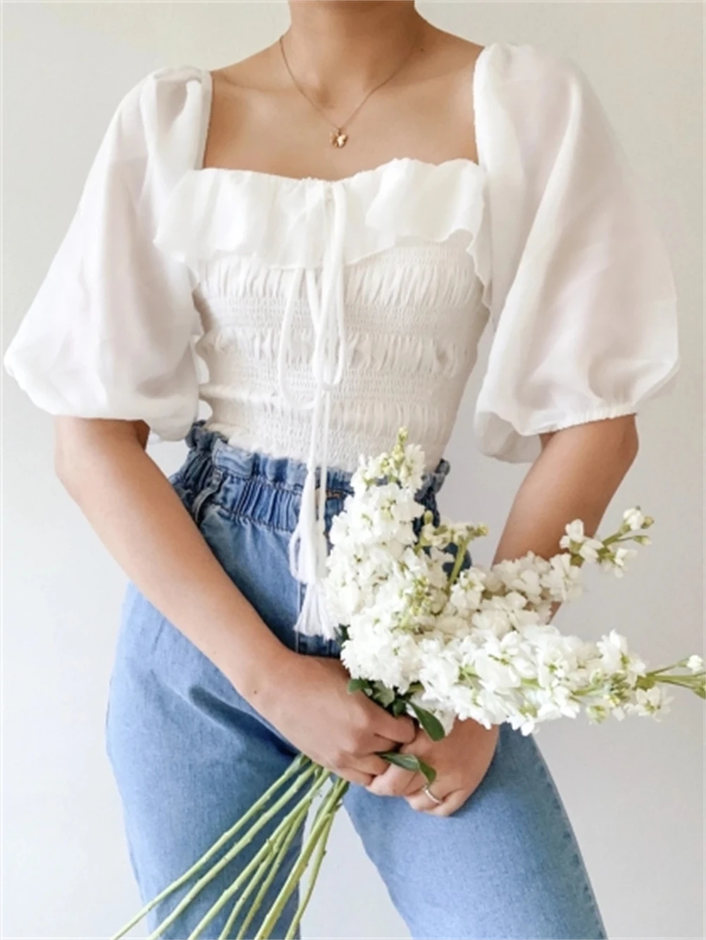 

Charmingtrend Blouse Women Fashion Solid Square Collar Shirt Women Elegant Tops Female Casual Puff Sleeve Blouse