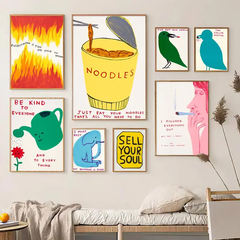 David Shrigley Noodles Bird Cat Elephant Flame Wall Art Nordic Poster Prints Canvas Painting Wall Pictures Living Room Decor