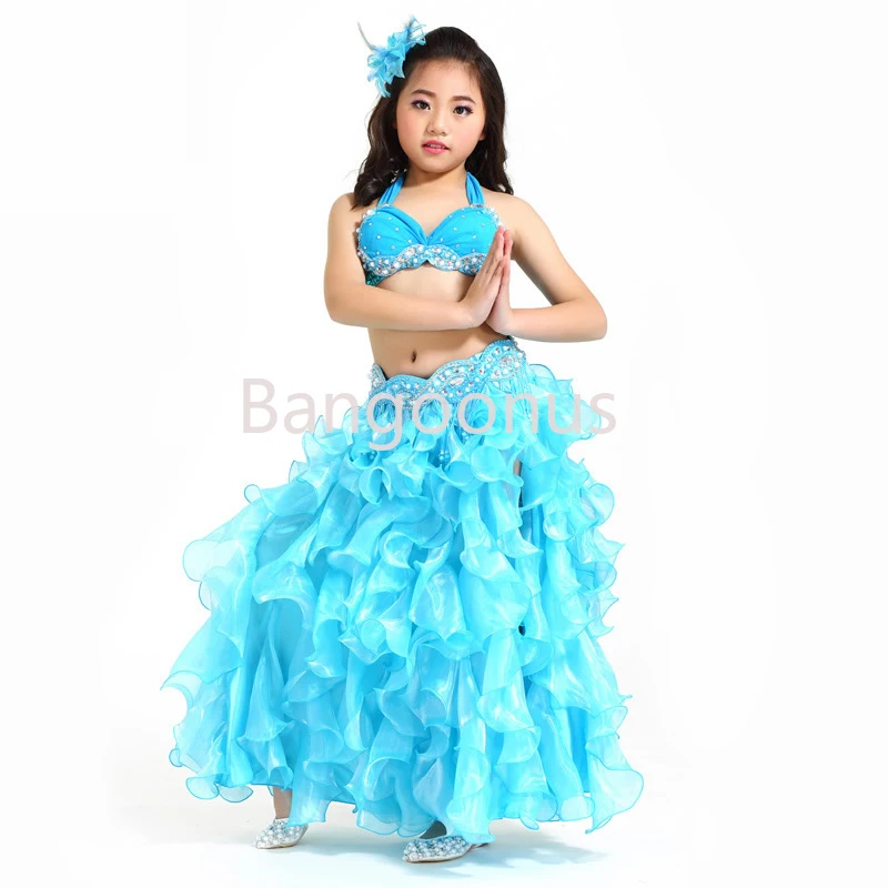 

Одежда для выступлений и детских танцев, Комплект из 3-х предметов в восточном стиле с бюстгальтером, поясом и юбкой, профессиональный костюм для танца живота для девочек #860