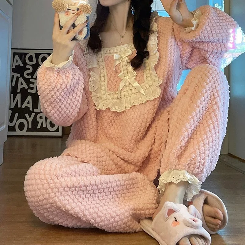 2024 New Coral Velvet Pajama Women Autumn Winter Sleepwear Plush and Thickened Sweet Loungewear Korean Warm Flannel Homewear Set цена и фото